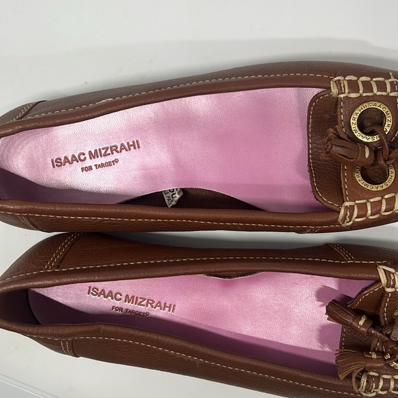 Isaac Mizrahi Brown Leather Loafers with Gold Details - Picture 2 of 6